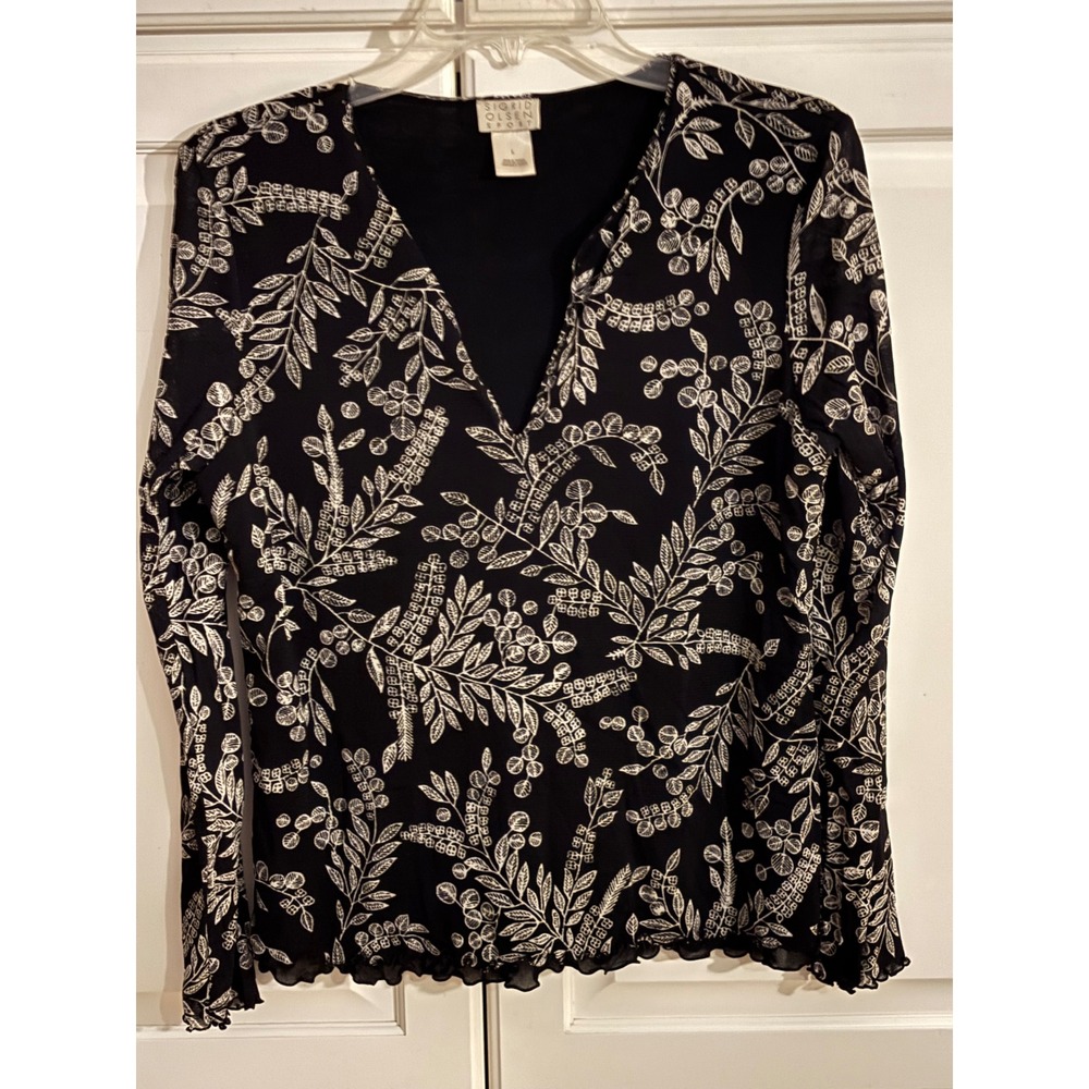 Sigrid Olsen Sport Womens Large Black White Floral Mesh V-Neck Lettuce Edge Top